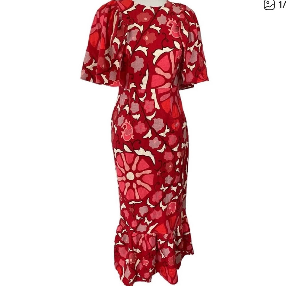 RHODE Red and Pink Floral Bell Sleeve Midi Dress